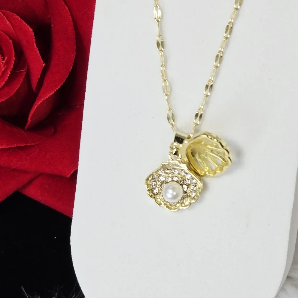 Gold Pearl Shell Pendant Necklace Stainless Steel CZ Crystal Coastal Jewelry